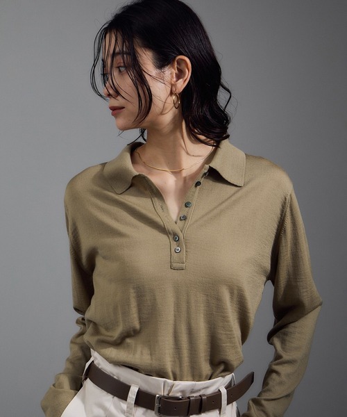 SALON adam et rope'(サロン アダム エ ロペ)の「30ゲージウールニットポロシャツ(ニット/セーター・レディース・ピンク/ベージュ/ブラック・FREE)」の1枚目の写真