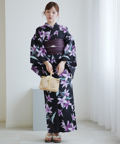 浴衣3点セット 黒地にさざめく紫の花（浴衣）｜utatane