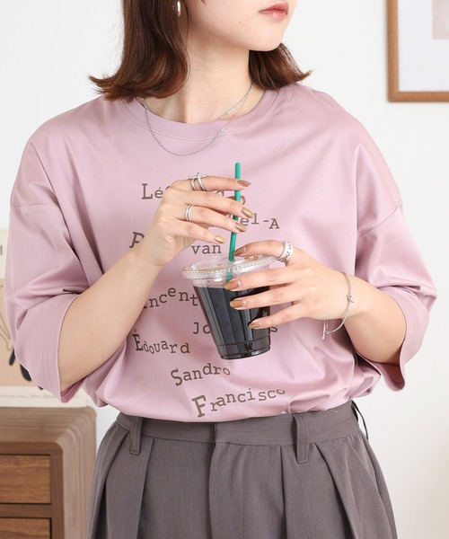 BRODIAEA(ブローディア)の「BRODIAEA ロゴプリント5分袖Tシャツ(Tシャツ/カットソー・レディース・サックスブルー/ピンク/ベージュ/ネイビー・40)」の10枚目の写真