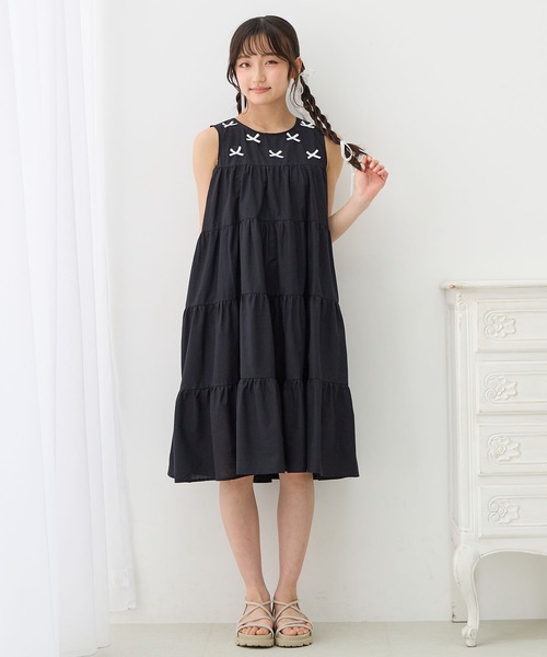 Amourire girl（アムリールガール）の「リボンノースリブ ティアードフリルワンピース【綿100％】（ワンピース・キッズ・サックスブルー/ブラック/ピンク・130cm/140cm/160cm/150cm）」の22枚目の写真