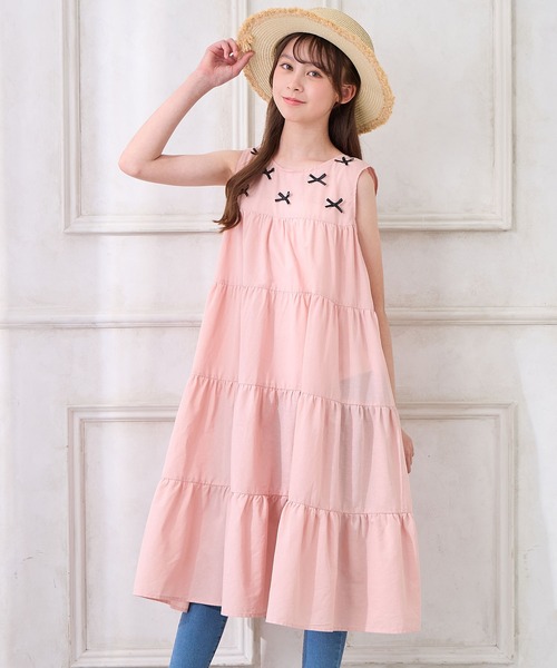 Amourire girl（アムリールガール）の「リボンノースリブ ティアードフリルワンピース【綿100％】（ワンピース・キッズ・サックスブルー/ブラック/ピンク・130cm/140cm/160cm/150cm）」の16枚目の写真