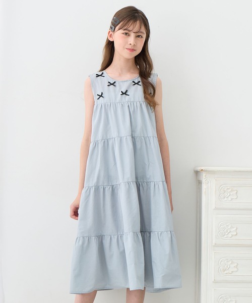 Amourire girl（アムリールガール）の「リボンノースリブ ティアードフリルワンピース【綿100％】（ワンピース・キッズ・サックスブルー/ブラック/ピンク・130cm/140cm/160cm/150cm）」の11枚目の写真