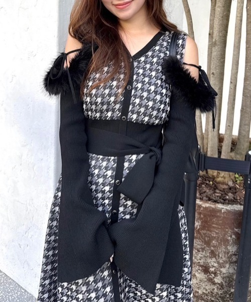 セール】many wayフェイクファージャガードミニニットワンピース 秋服