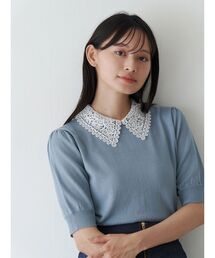 衿レースハーフスリーブニット
