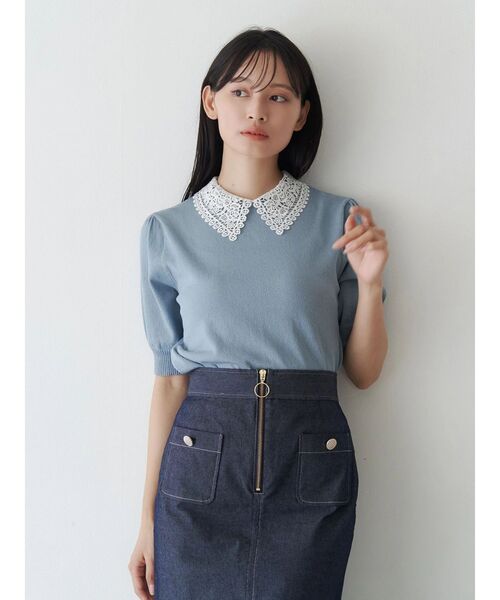 TONAL（トーナル）の「衿レースハーフスリーブニット（ニット/セーター・レディース・ブラック/ライトブルー/アイボリー・MEDIUM）」の5枚目の写真