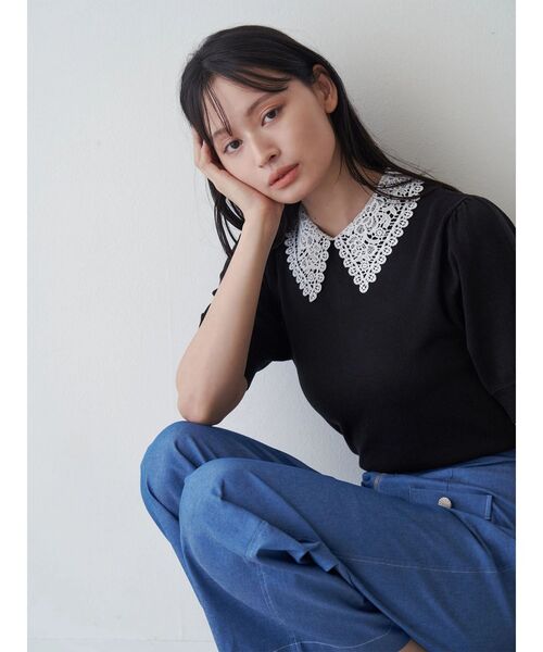 TONAL（トーナル）の「衿レースハーフスリーブニット（ニット/セーター・レディース・ブラック/ライトブルー/アイボリー・MEDIUM）」の7枚目の写真
