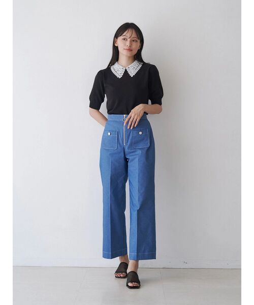 TONAL（トーナル）の「衿レースハーフスリーブニット（ニット/セーター・レディース・ブラック/ライトブルー/アイボリー・MEDIUM）」の9枚目の写真