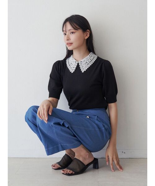 TONAL（トーナル）の「衿レースハーフスリーブニット（ニット/セーター・レディース・ブラック/ライトブルー/アイボリー・MEDIUM）」の14枚目の写真