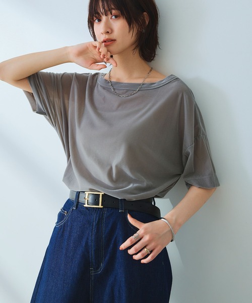 CROSS FUNCTION(クロスファンクション)の「《高通気性》エブ楽 セミシアースキンベロアTシャツ【CROSS FUNCTION/クロスファンクション】(Tシャツ/カットソー・レディース・ブラウン/ブルー/グレー・M/LL/L)」の2枚目の写真