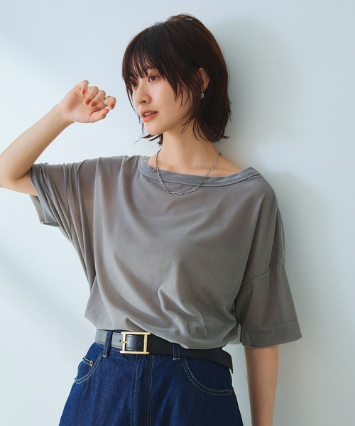 CROSS FUNCTION(クロスファンクション)の「《高通気性》エブ楽 セミシアースキンベロアTシャツ【CROSS FUNCTION/クロスファンクション】(Tシャツ/カットソー・レディース・ブラウン/ブルー/グレー・M/LL/L)」の4枚目の写真