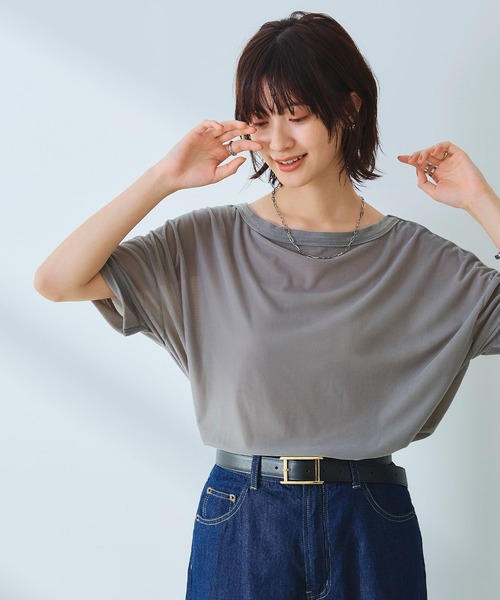 CROSS FUNCTION(クロスファンクション)の「《高通気性》エブ楽 セミシアースキンベロアTシャツ【CROSS FUNCTION/クロスファンクション】(Tシャツ/カットソー・レディース・ブラウン/ブルー/グレー・M/LL/L)」の6枚目の写真