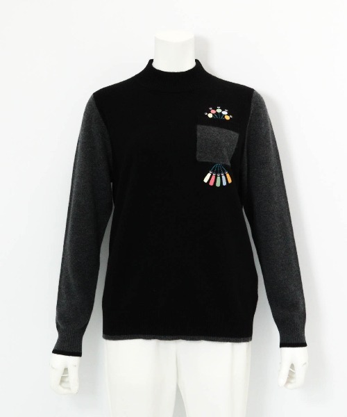Picone CLUB(ピッコーネクラブ)の「カシミヤ100%配色ニット(ニット/セーター・レディース・ライトグレー/ベージュ/ブラック・S/M)」の4枚目の写真