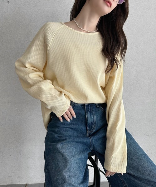 TREOVER(トレオーバー)の「《シンプルなのに拘りデザイン》ラグランスリーブ ワッフルプルオーバー(Tシャツ/カットソー・レディース・オフホワイト/杢グレー/チャコール/ダークグレー/ブラウン/ブラック/イエロー/ライトグレー/ピンク・FREE)」の8枚目の写真
