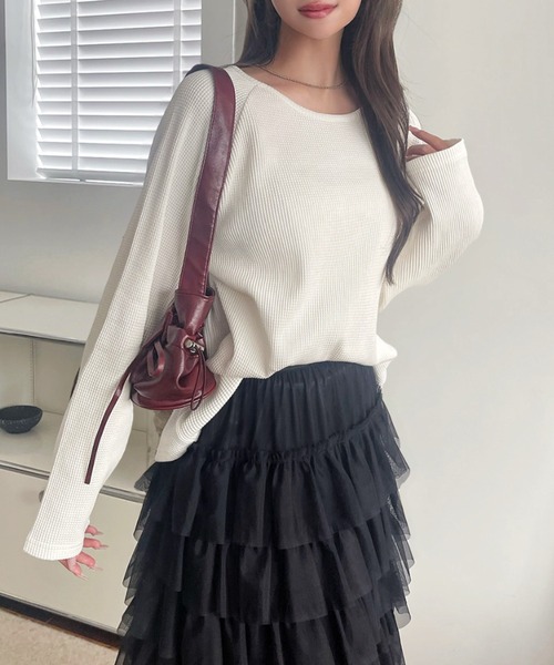 TREOVER(トレオーバー)の「《シンプルなのに拘りデザイン》ラグランスリーブ ワッフルプルオーバー(Tシャツ/カットソー・レディース・オフホワイト/杢グレー/チャコール/ダークグレー/ブラウン/ブラック/イエロー/ライトグレー/ピンク・FREE)」の10枚目の写真
