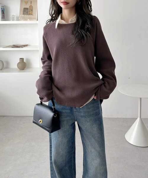TREOVER(トレオーバー)の「《シンプルなのに拘りデザイン》ラグランスリーブ ワッフルプルオーバー(Tシャツ/カットソー・レディース・オフホワイト/杢グレー/チャコール/ダークグレー/ブラウン/ブラック/イエロー/ライトグレー/ピンク・FREE)」の19枚目の写真