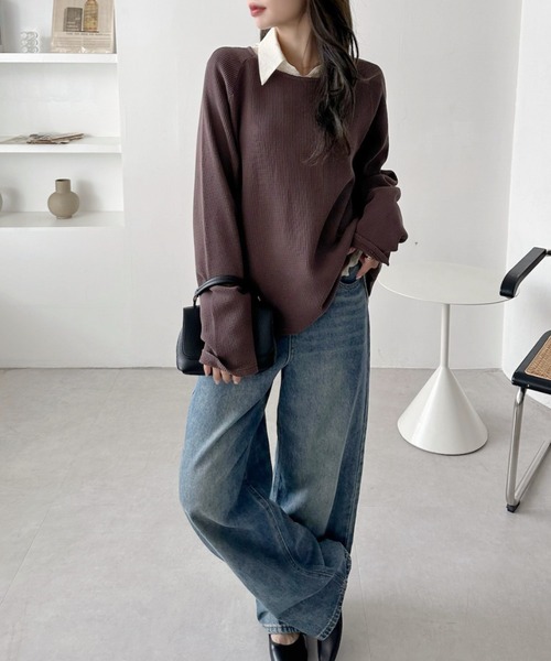TREOVER(トレオーバー)の「《シンプルなのに拘りデザイン》ラグランスリーブ ワッフルプルオーバー(Tシャツ/カットソー・レディース・オフホワイト/杢グレー/チャコール/ダークグレー/ブラウン/ブラック/イエロー/ライトグレー/ピンク・FREE)」の20枚目の写真