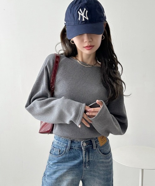 TREOVER(トレオーバー)の「《シンプルなのに拘りデザイン》ラグランスリーブ ワッフルプルオーバー(Tシャツ/カットソー・レディース・オフホワイト/杢グレー/チャコール/ダークグレー/ブラウン/ブラック/イエロー/ライトグレー/ピンク・FREE)」の17枚目の写真
