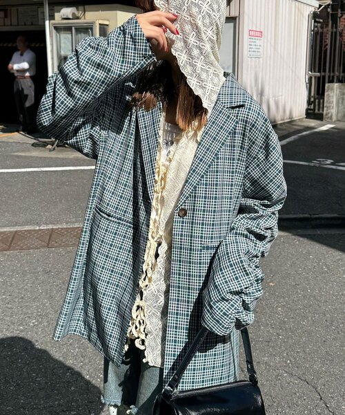 セール】袖ギャザーチェックグランパジャケット（テーラードジャケット