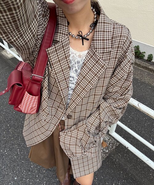 CIAOPANIC（チャオパニック）の「袖ギャザーチェックグランパジャケット（テーラードジャケット・レディース・グリーン/ブラウン/ネイビー・ONE SIZE）」の4枚目の写真