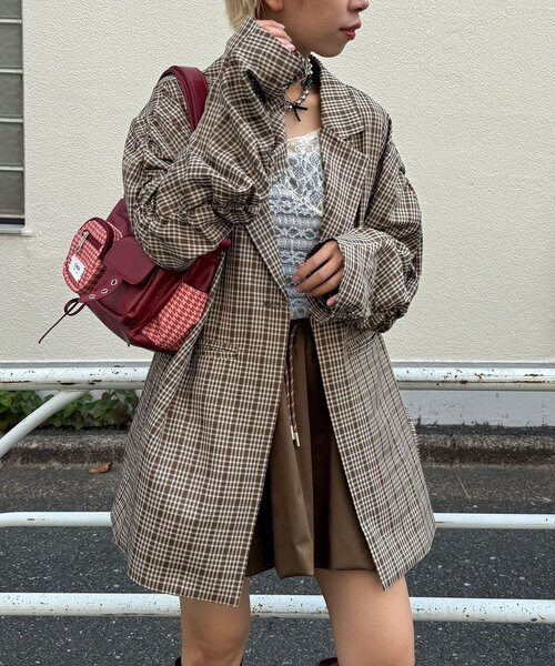 CIAOPANIC（チャオパニック）の「袖ギャザーチェックグランパジャケット（テーラードジャケット・レディース・グリーン/ブラウン/ネイビー・ONE SIZE）」の5枚目の写真