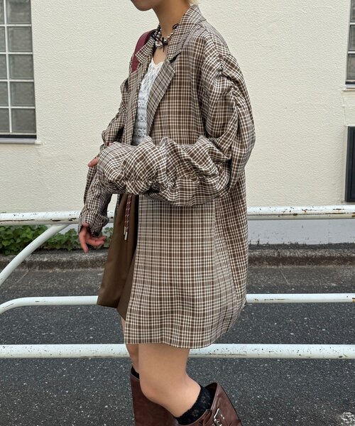 CIAOPANIC（チャオパニック）の「袖ギャザーチェックグランパジャケット（テーラードジャケット・レディース・グリーン/ブラウン/ネイビー・ONE SIZE）」の6枚目の写真