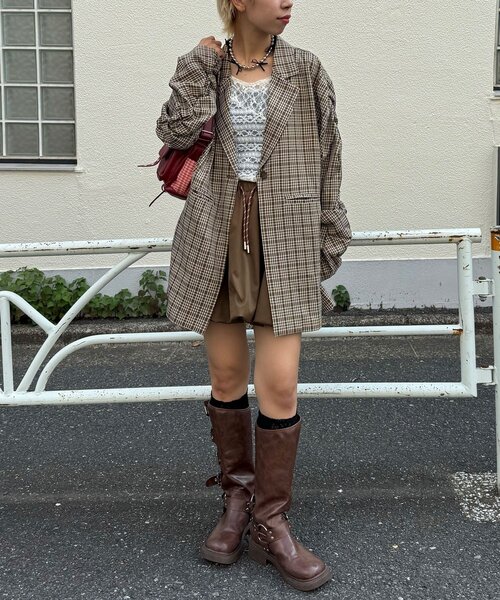 CIAOPANIC（チャオパニック）の「袖ギャザーチェックグランパジャケット（テーラードジャケット・レディース・グリーン/ブラウン/ネイビー・ONE SIZE）」の8枚目の写真