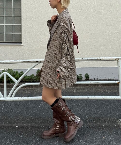 CIAOPANIC（チャオパニック）の「袖ギャザーチェックグランパジャケット（テーラードジャケット・レディース・グリーン/ブラウン/ネイビー・ONE SIZE）」の9枚目の写真