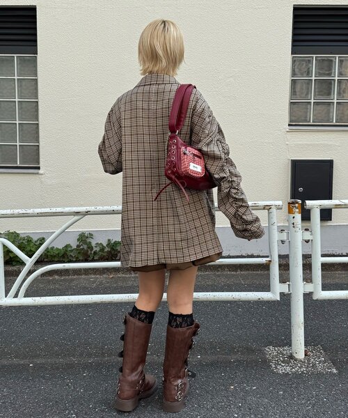 CIAOPANIC（チャオパニック）の「袖ギャザーチェックグランパジャケット（テーラードジャケット・レディース・グリーン/ブラウン/ネイビー・ONE SIZE）」の10枚目の写真