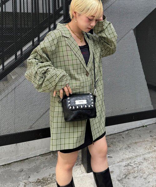 CIAOPANIC（チャオパニック）の「袖ギャザーチェックグランパジャケット（テーラードジャケット・レディース・グリーン/ブラウン/ネイビー・ONE SIZE）」の12枚目の写真