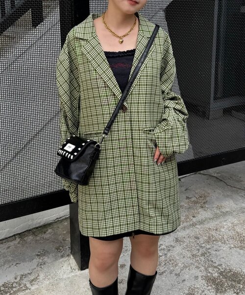 袖ギャザーチェックグランパジャケット（テーラードジャケット