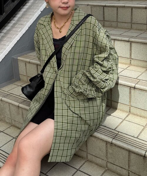 CIAOPANIC（チャオパニック）の「袖ギャザーチェックグランパジャケット（テーラードジャケット・レディース・グリーン/ブラウン/ネイビー・ONE SIZE）」の14枚目の写真