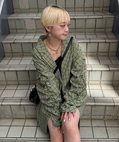 CIAOPANIC（チャオパニック）の「袖ギャザーチェックグランパジャケット（テーラードジャケット・レディース・グリーン/ブラウン/ネイビー・ONE SIZE）」の15枚目の写真