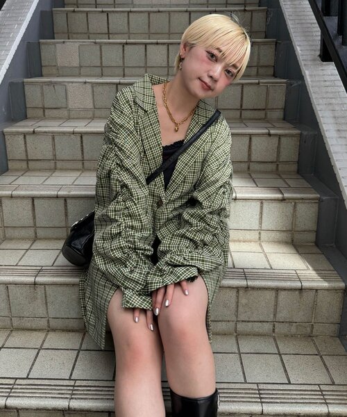 CIAOPANIC（チャオパニック）の「袖ギャザーチェックグランパジャケット（テーラードジャケット・レディース・グリーン/ブラウン/ネイビー・ONE SIZE）」の16枚目の写真