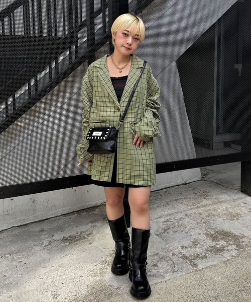 CIAOPANIC（チャオパニック）の「袖ギャザーチェックグランパジャケット（テーラードジャケット・レディース・グリーン/ブラウン/ネイビー・ONE SIZE）」の17枚目の写真