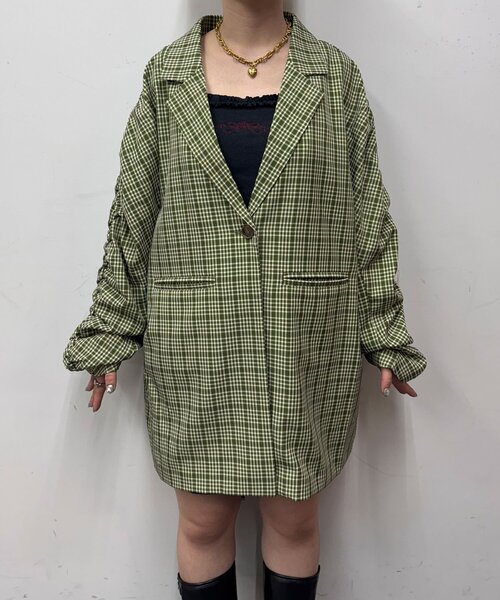 CIAOPANIC（チャオパニック）の「袖ギャザーチェックグランパジャケット（テーラードジャケット・レディース・グリーン/ブラウン/ネイビー・ONE SIZE）」の20枚目の写真