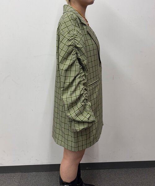 CIAOPANIC（チャオパニック）の「袖ギャザーチェックグランパジャケット（テーラードジャケット・レディース・グリーン/ブラウン/ネイビー・ONE SIZE）」の21枚目の写真