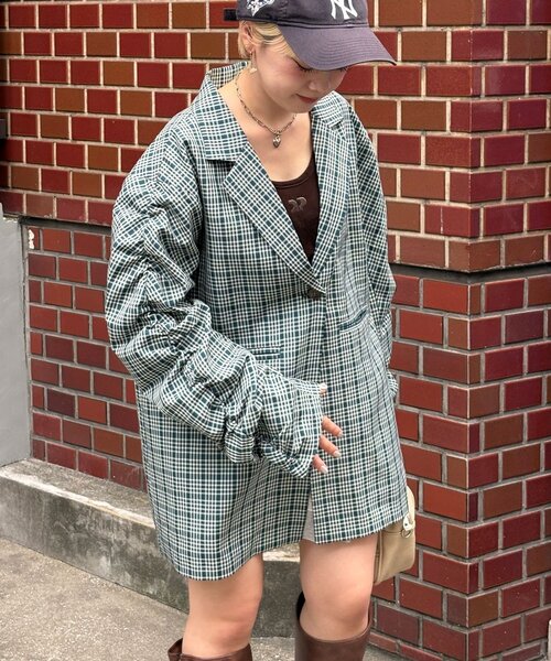 セール】袖ギャザーチェックグランパジャケット（テーラードジャケット