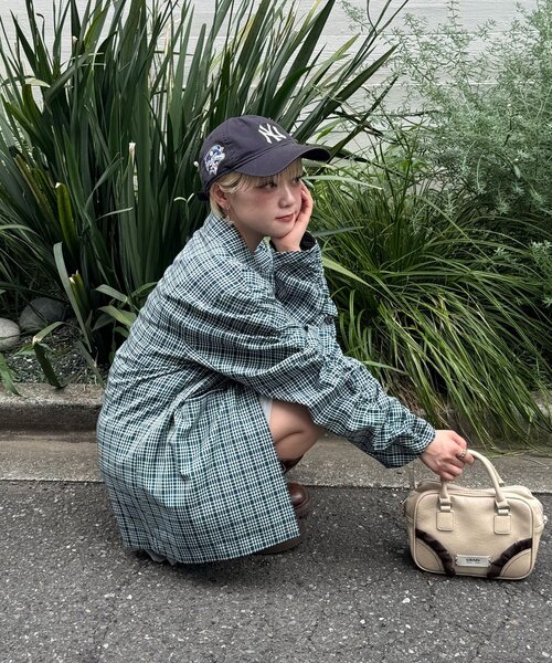 袖ギャザーチェックグランパジャケット（テーラードジャケット