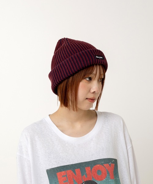 RNA（アールエヌエー）の「E5120 2カラーリブニットキャップ（ニットキャップ/ビーニー・レディース・ブラック×グレー/バーガンディー/グリーン×オレンジ・FREE）」の8枚目の写真