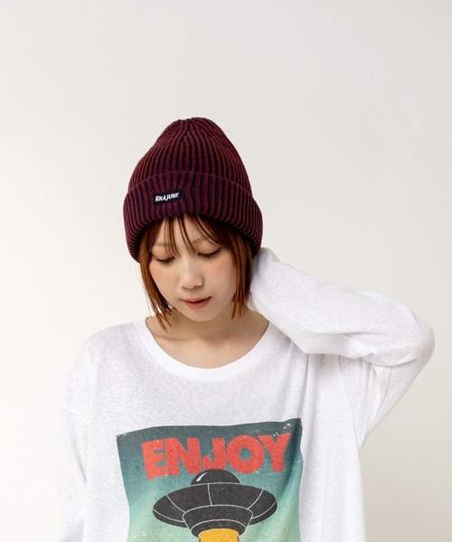 RNA（アールエヌエー）の「E5120 2カラーリブニットキャップ（ニットキャップ/ビーニー・レディース・ブラック×グレー/バーガンディー/グリーン×オレンジ・FREE）」の15枚目の写真