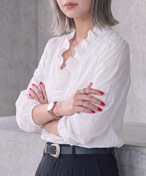 cammie（キャミー）の「フロントフリルパイピングブラウス（シャツ/ブラウス・レディース・ホワイト/グリーン/ブラック・L/M）」の12枚目の写真