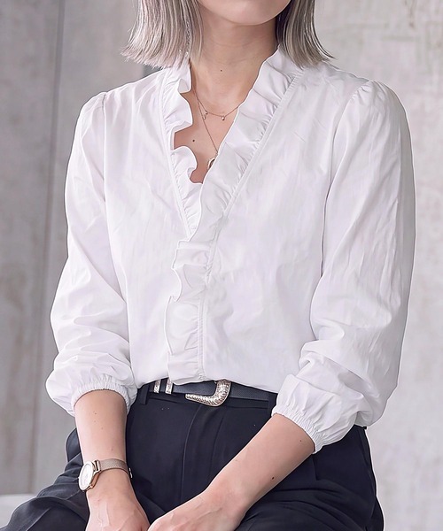 cammie（キャミー）の「フロントフリルパイピングブラウス（シャツ/ブラウス・レディース・ホワイト/グリーン/ブラック・L/M）」の11枚目の写真