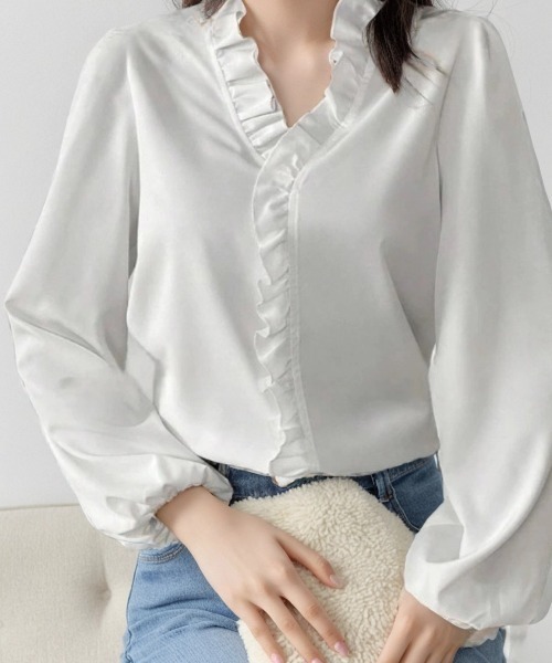 cammie（キャミー）の「フロントフリルパイピングブラウス（シャツ/ブラウス・レディース・ホワイト/グリーン/ブラック・L/M）」の13枚目の写真