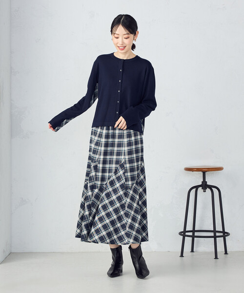 COMME CA ISM（コムサイズム）の「【セットアップ対応】ニットとタータンチェックのコンビネーションカーディガン（カーディガン/ボレロ・レディース・ブラック/ネイビー・FREE）」の12枚目の写真