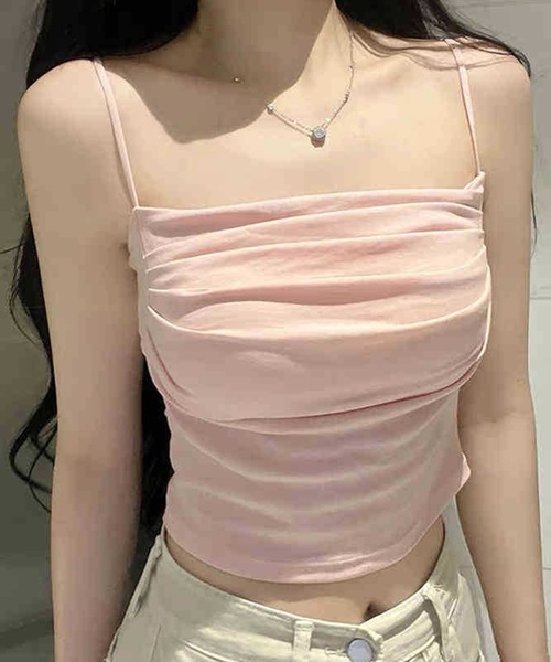 Lace Ladies(レースレディース)の「ソリッドカラー 立体 ギャザー カップ付き キャミソール(キャミソール・レディース・グレー/ピンク/ブラック/ホワイト・FREE)」の4枚目の写真