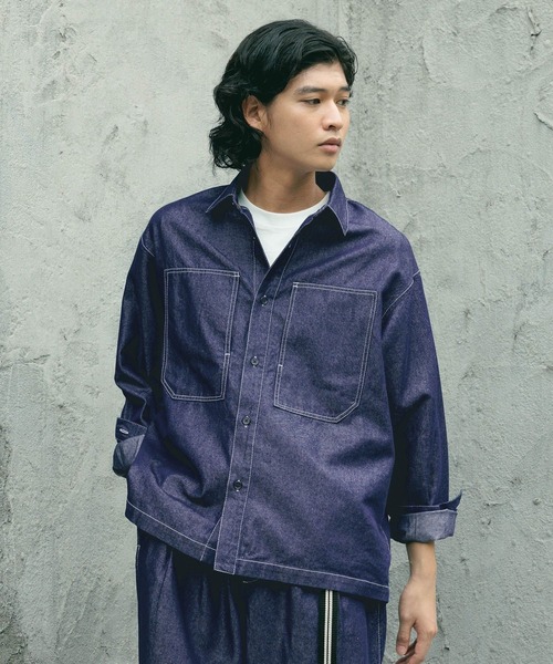 RAGEBLUE(レイジブルー)の「【BREEZY DENIM】ステッチデニムシャツ【セットアップ対応】(シャツ/ブラウス・メンズ・ブルー/ブラック・MEDIUM/LARGE)」の2枚目の写真