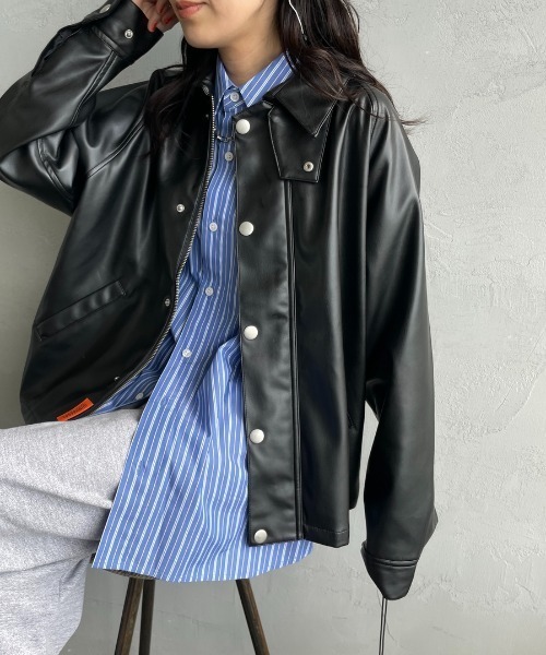 UNIVERSAL OVERALL（ユニバーサルオーバーオール）の「[UNIVERSAL OVERALL/ユニバーサルオーバーオール] 別注 オーバーサイズ レザージャケット（その他アウター・レディース・ブラック/キャメル/ブラウン・F）」の11枚目の写真