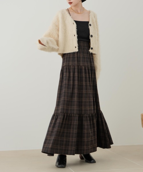 hinari（ヒナリ）の「シャーリングティアードスカート（スカート・レディース・ブラック/アイボリー/チェック・FREE/SMALL/X-SMALL）」の6枚目の写真