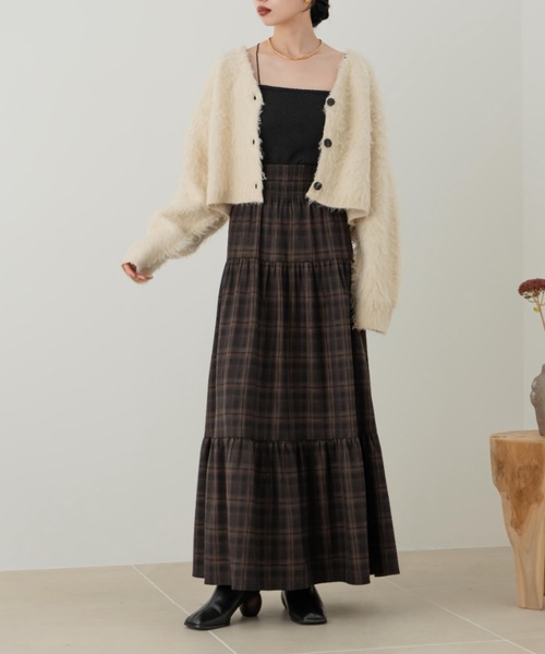 hinari（ヒナリ）の「シャーリングティアードスカート（スカート・レディース・ブラック/アイボリー/チェック・FREE/SMALL/X-SMALL）」の7枚目の写真