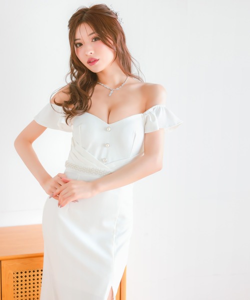 Tika(ティカ)の「キャバドレス ロング タイト 谷間 オフショルダー 大きいサイズ シンプル スリット ストレッチ パール ビジュードレス(ドレス・レディース・ブラック/ホワイト・L/M/S/XL/XXL)」の3枚目の写真